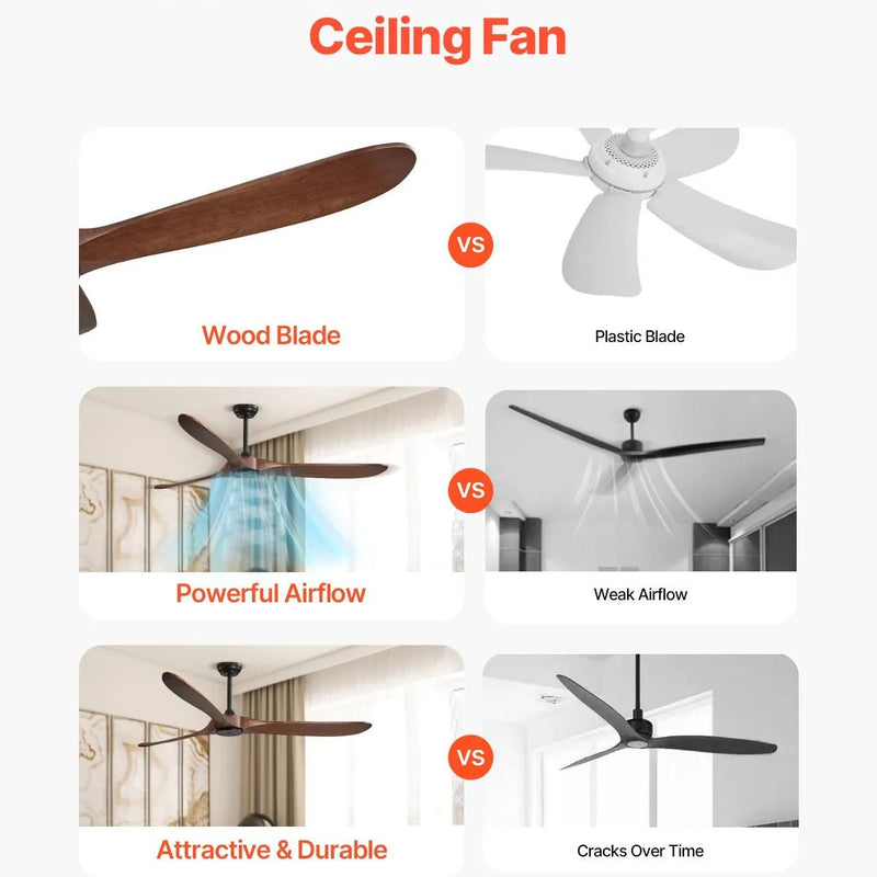 VEVOR Griestu ventilators bez apgaismojuma 183 cm, 3 koka lāpstiņas, 6 ātrumi, tālvadības pults, reversais DC motors, zems profils, iekštelpām un ārtelpām, riekstkoka tonī - ZEMLETES.LV