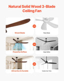 VEVOR Griestu ventilators bez apgaismojuma 183 cm, 3 koka lāpstiņas, 6 ātrumi, tālvadības pults, reversais DC motors, zems profils, iekštelpām un ārtelpām, riekstkoka tonī - ZEMLETES.LV