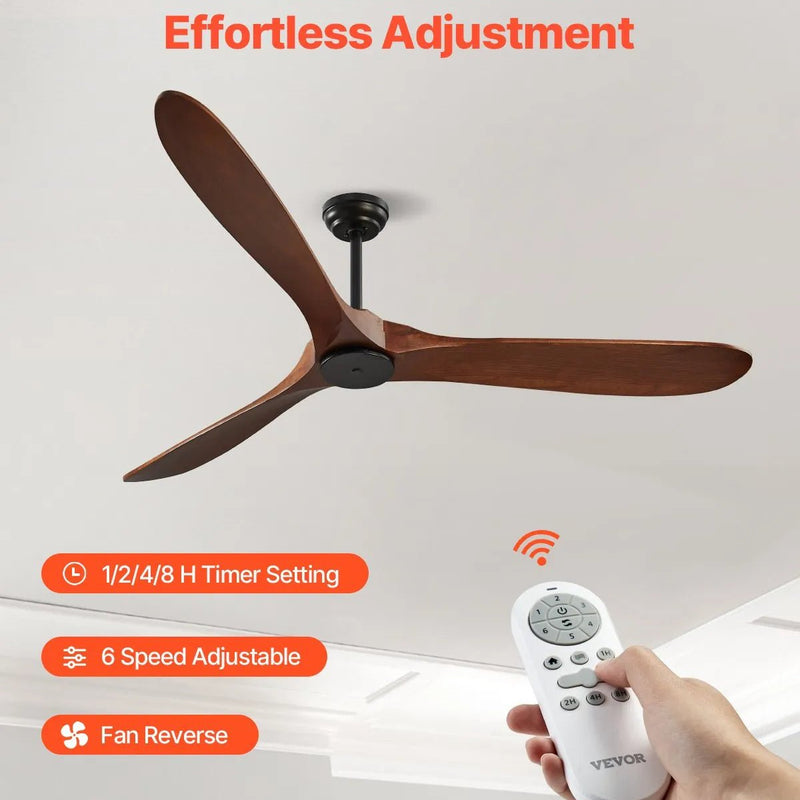 VEVOR Griestu ventilators bez apgaismojuma 183 cm, 3 koka lāpstiņas, 6 ātrumi, tālvadības pults, reversais DC motors, zems profils, iekštelpām un ārtelpām, riekstkoka tonī - ZEMLETES.LV