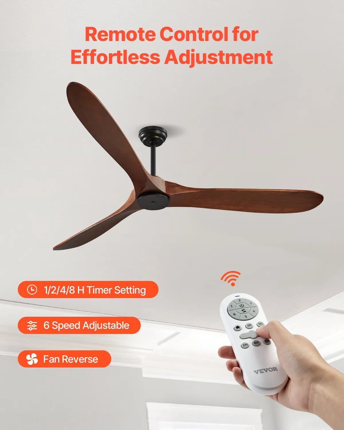 VEVOR Griestu ventilators bez apgaismojuma 183 cm, 3 koka lāpstiņas, 6 ātrumi, tālvadības pults, reversais DC motors, zems profils, iekštelpām un ārtelpām, riekstkoka tonī - ZEMLETES.LV