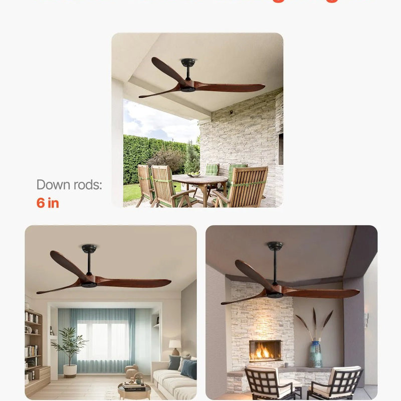 VEVOR Griestu ventilators bez apgaismojuma 183 cm, 3 koka lāpstiņas, 6 ātrumi, tālvadības pults, reversais DC motors, zems profils, iekštelpām un ārtelpām, riekstkoka tonī - ZEMLETES.LV