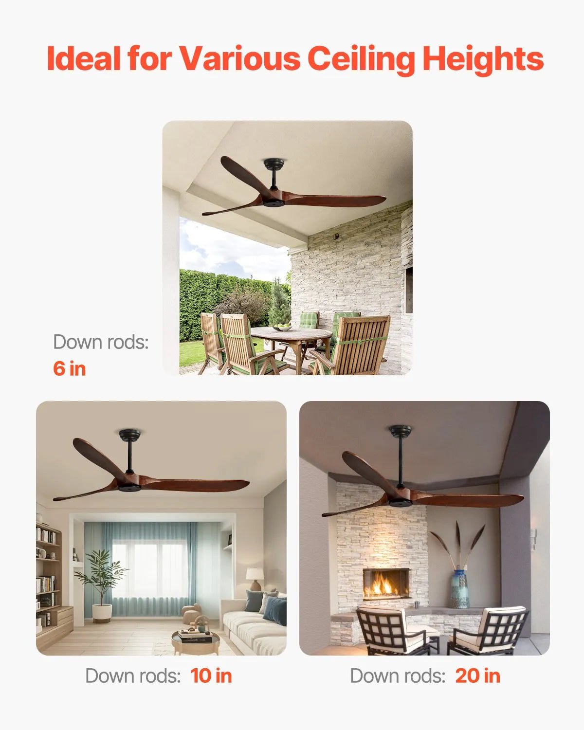 VEVOR Griestu ventilators bez apgaismojuma 183 cm, 3 koka lāpstiņas, 6 ātrumi, tālvadības pults, reversais DC motors, zems profils, iekštelpām un ārtelpām, riekstkoka tonī - ZEMLETES.LV