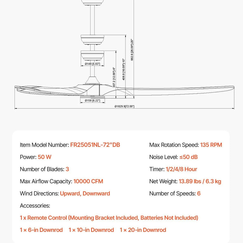 VEVOR Griestu ventilators bez apgaismojuma 183 cm, 3 koka lāpstiņas, 6 ātrumi, tālvadības pults, reversais DC motors, zems profils, iekštelpām un ārtelpām, riekstkoka tonī - ZEMLETES.LV