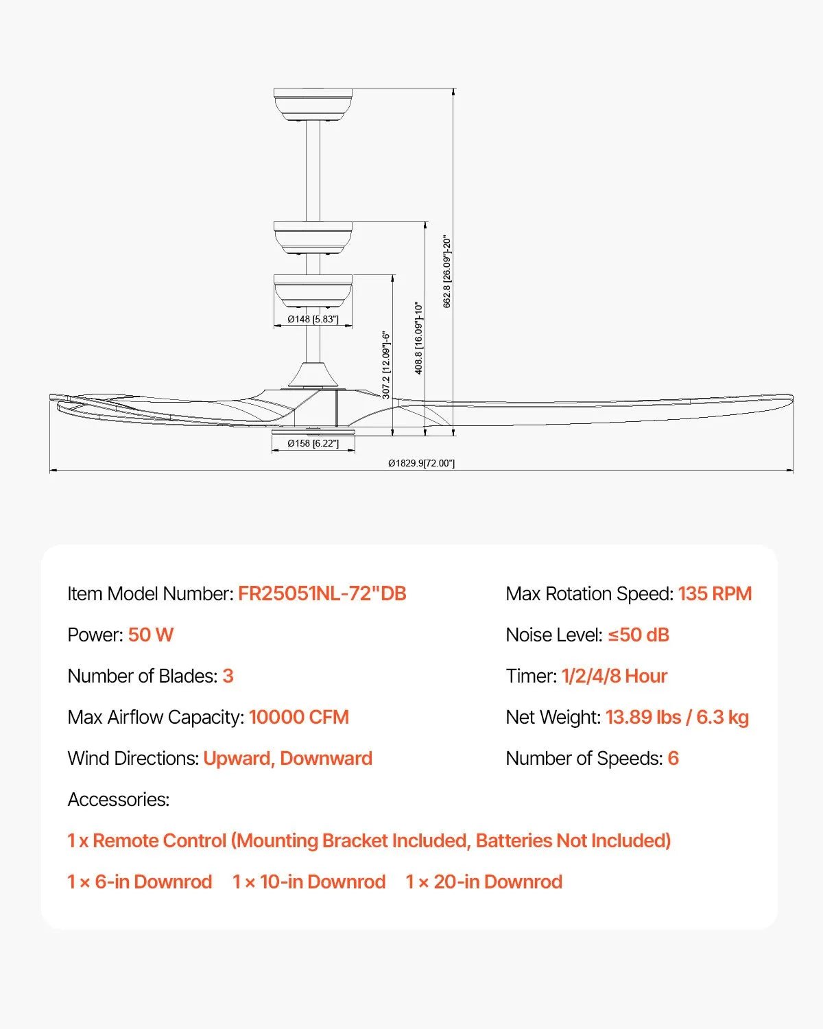 VEVOR Griestu ventilators bez apgaismojuma 183 cm, 3 koka lāpstiņas, 6 ātrumi, tālvadības pults, reversais DC motors, zems profils, iekštelpām un ārtelpām, riekstkoka tonī - ZEMLETES.LV