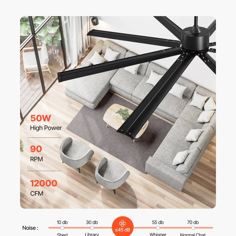 VEVOR Griestu ventilators bez apgaismojuma 213 cm, 8 lāpstiņas, 6 ātrumi, tālvadības pults, reversais DC motors, zems profils, iekštelpām un ārtelpām, melns - ZEMLETES.LV