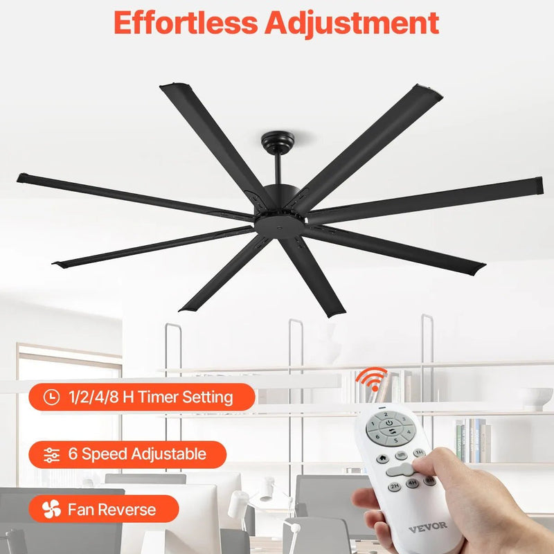 VEVOR Griestu ventilators bez apgaismojuma 213 cm, 8 lāpstiņas, 6 ātrumi, tālvadības pults, reversais DC motors, zems profils, iekštelpām un ārtelpām, melns - ZEMLETES.LV