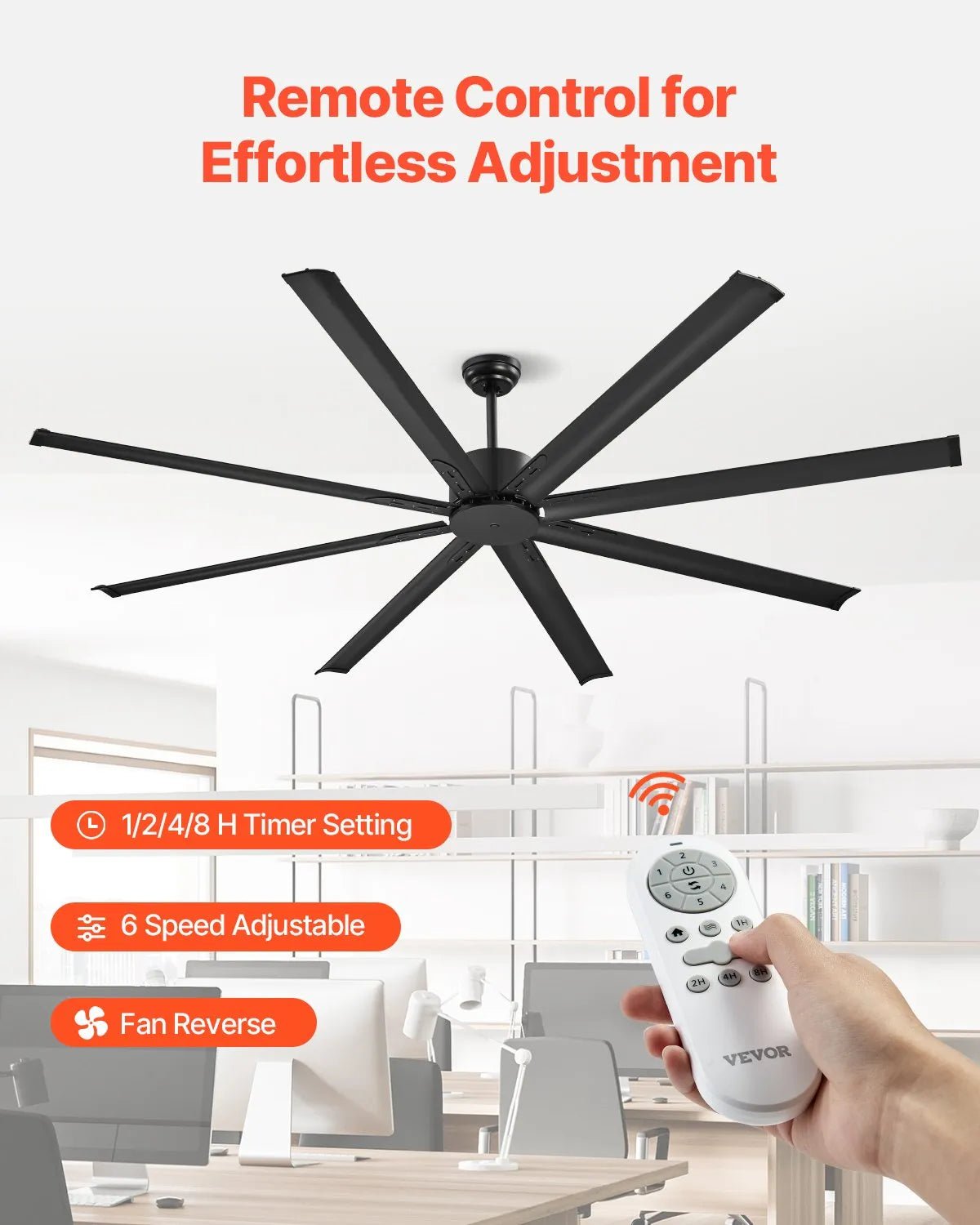 VEVOR Griestu ventilators bez apgaismojuma 213 cm, 8 lāpstiņas, 6 ātrumi, tālvadības pults, reversais DC motors, zems profils, iekštelpām un ārtelpām, melns - ZEMLETES.LV