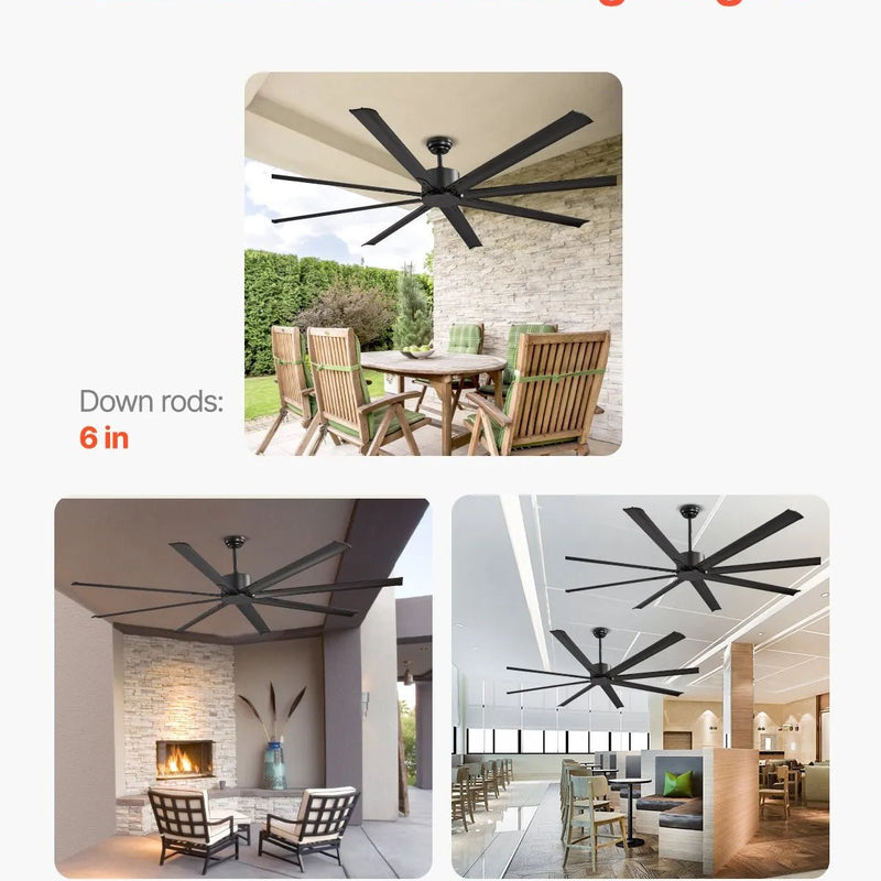VEVOR Griestu ventilators bez apgaismojuma 213 cm, 8 lāpstiņas, 6 ātrumi, tālvadības pults, reversais DC motors, zems profils, iekštelpām un ārtelpām, melns - ZEMLETES.LV