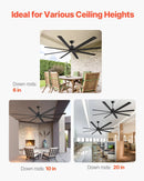 VEVOR Griestu ventilators bez apgaismojuma 213 cm, 8 lāpstiņas, 6 ātrumi, tālvadības pults, reversais DC motors, zems profils, iekštelpām un ārtelpām, melns - ZEMLETES.LV