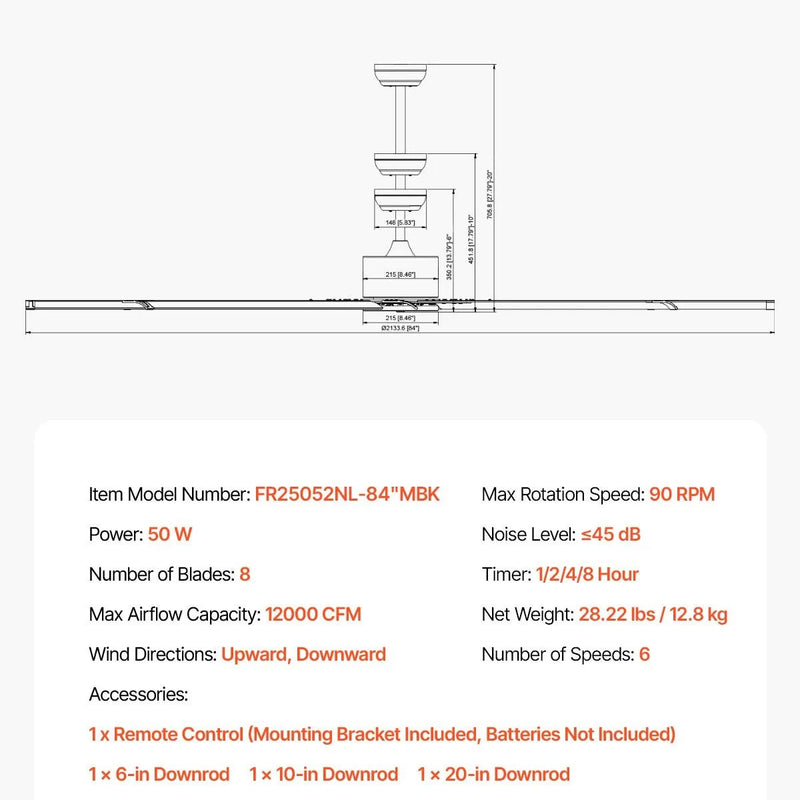 VEVOR Griestu ventilators bez apgaismojuma 213 cm, 8 lāpstiņas, 6 ātrumi, tālvadības pults, reversais DC motors, zems profils, iekštelpām un ārtelpām, melns - ZEMLETES.LV