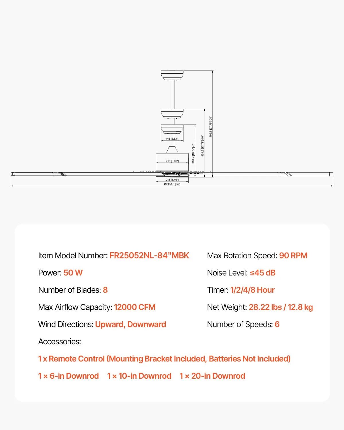 VEVOR Griestu ventilators bez apgaismojuma 213 cm, 8 lāpstiņas, 6 ātrumi, tālvadības pults, reversais DC motors, zems profils, iekštelpām un ārtelpām, melns - ZEMLETES.LV