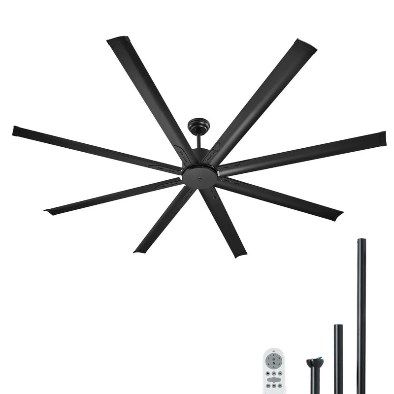 VEVOR Griestu ventilators bez apgaismojuma 213 cm, 8 lāpstiņas, 6 ātrumi, tālvadības pults, reversais DC motors, zems profils, iekštelpām un ārtelpām, melns - ZEMLETES.LV