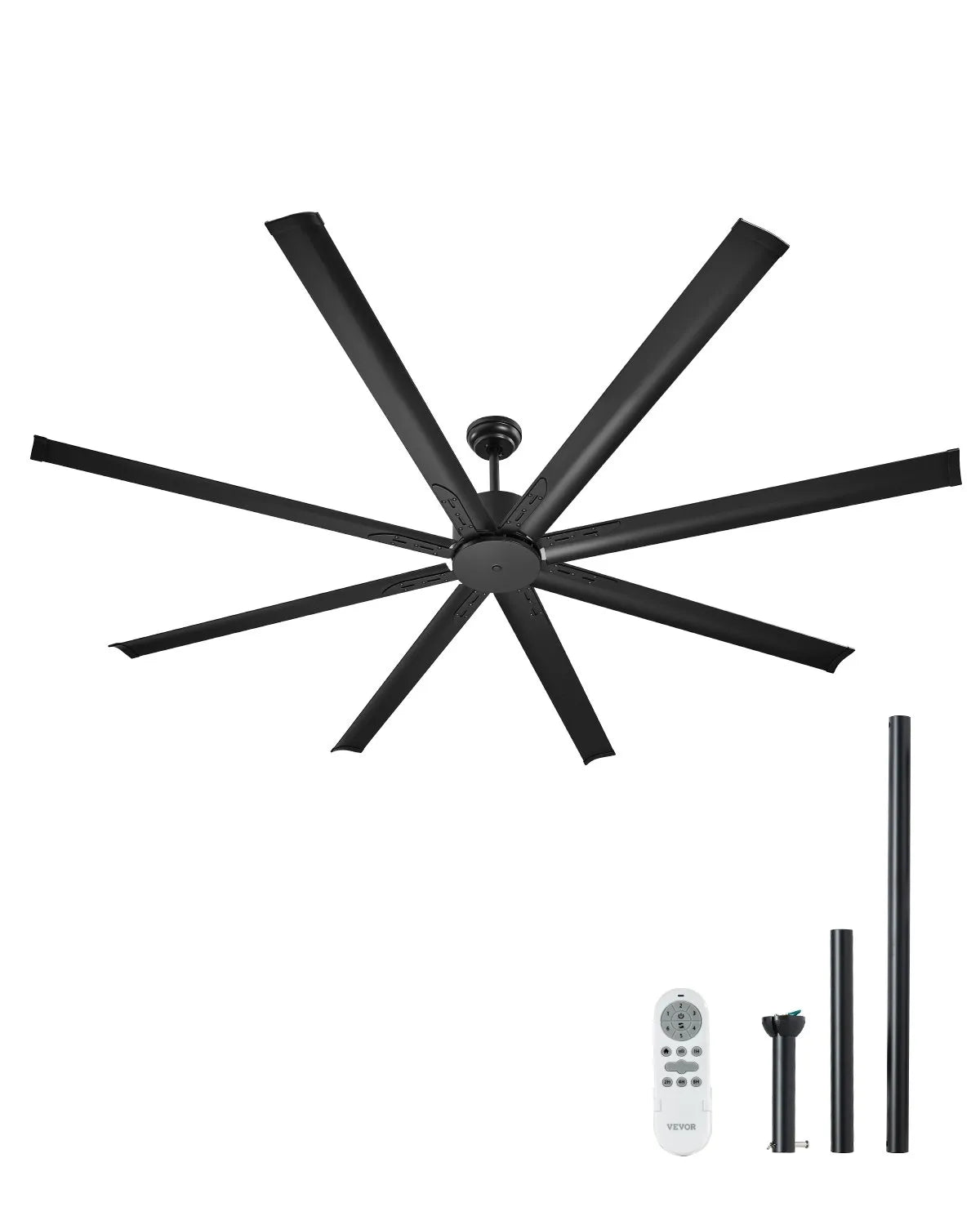 VEVOR Griestu ventilators bez apgaismojuma 213 cm, 8 lāpstiņas, 6 ātrumi, tālvadības pults, reversais DC motors, zems profils, iekštelpām un ārtelpām, melns - ZEMLETES.LV