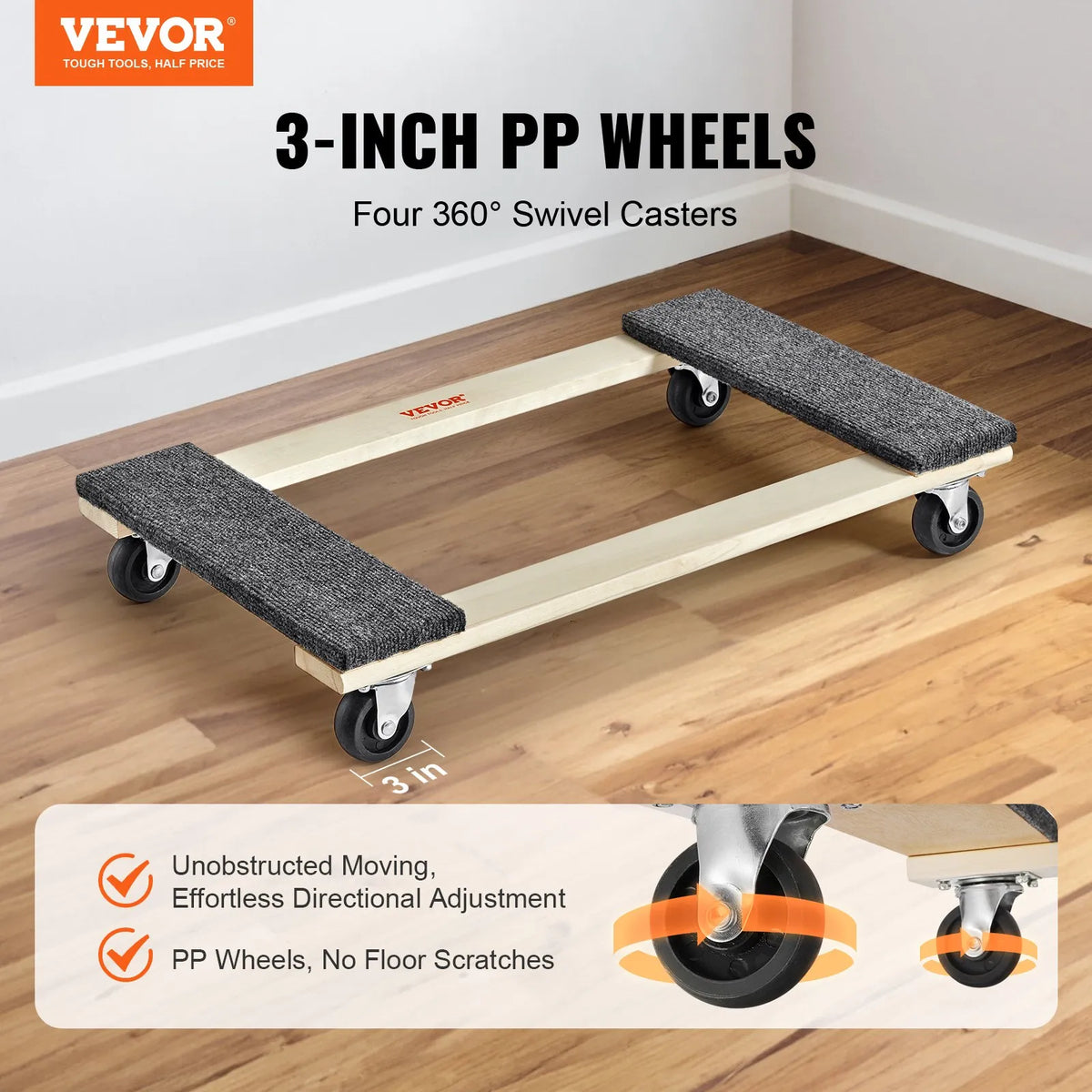 VEVOR mēbeļu pārvietošanas platforma līdz 454 kg, 457 x 762 mm ar 4 PP grozāmiem riteņiem, koka konstrukcija smagu mēbeļu pārvietošanai - ZEMLETES.LV