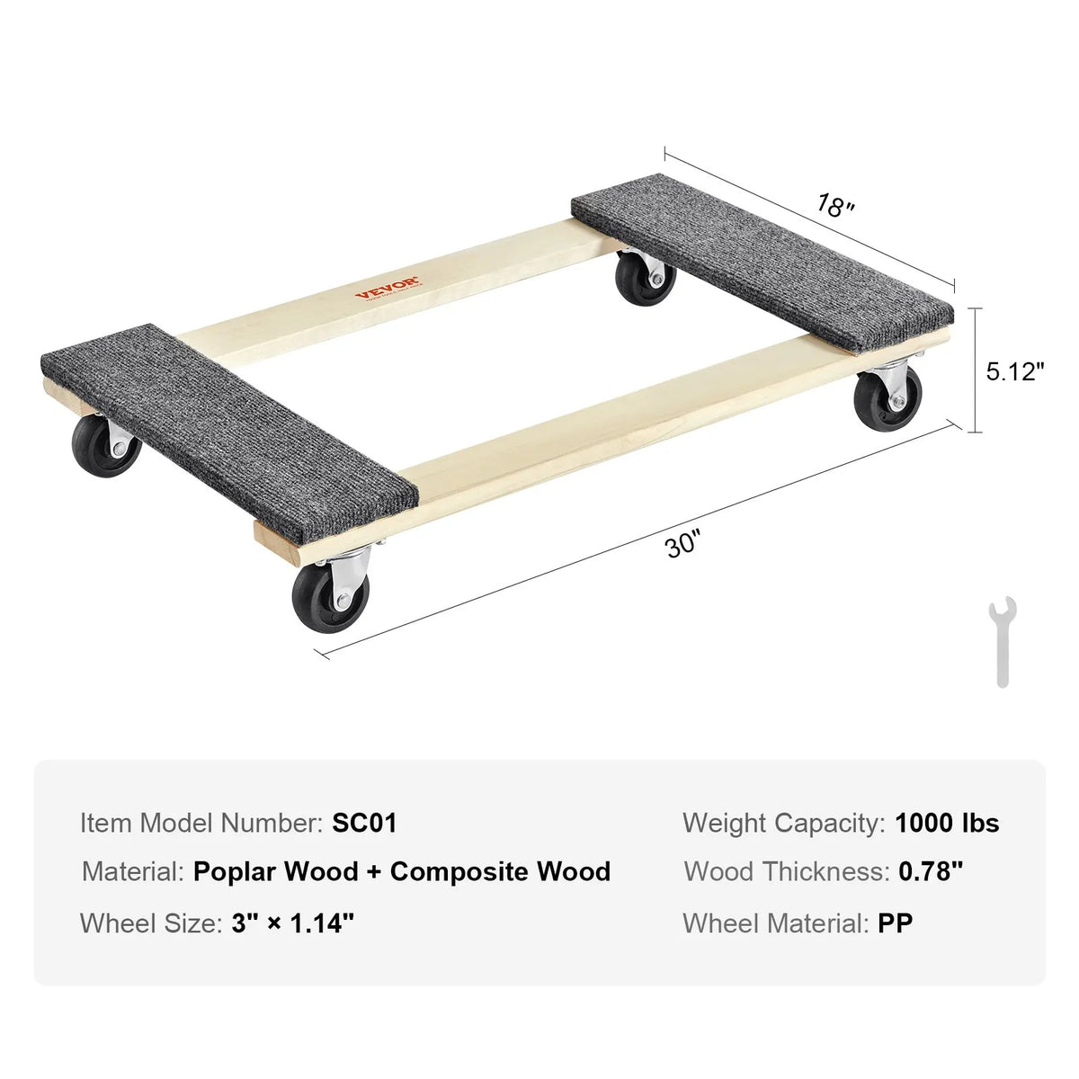 VEVOR mēbeļu pārvietošanas platforma līdz 454 kg, 457 x 762 mm ar 4 PP grozāmiem riteņiem, koka konstrukcija smagu mēbeļu pārvietošanai - ZEMLETES.LV