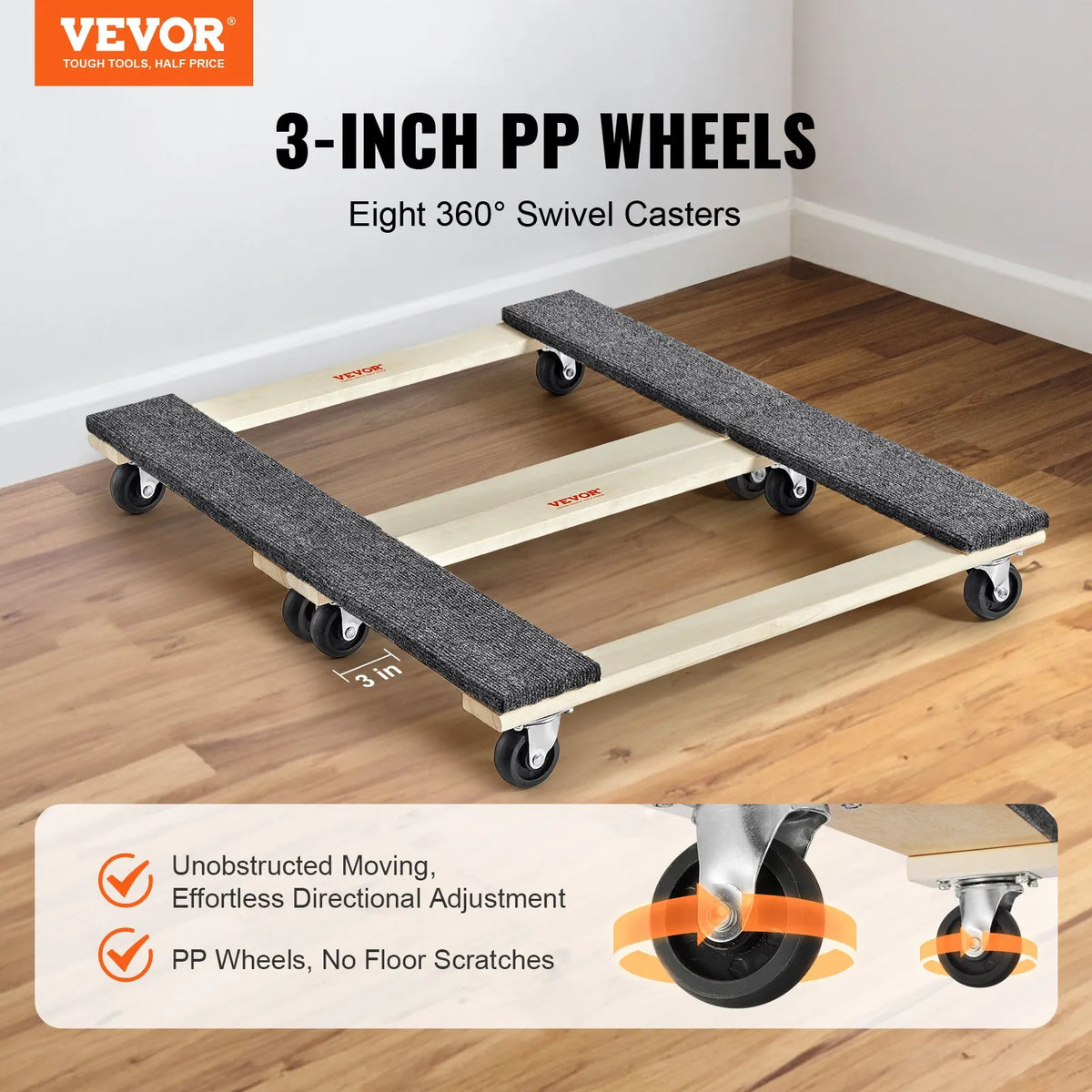 VEVOR mēbeļu pārvietošanas platformu komplekts 2 gab., 454 kg katrai, 457 x 762 mm ar 8 PP grozāmiem riteņiem, koka konstrukcija smagu mēbeļu pārvietošanai - ZEMLETES.LV