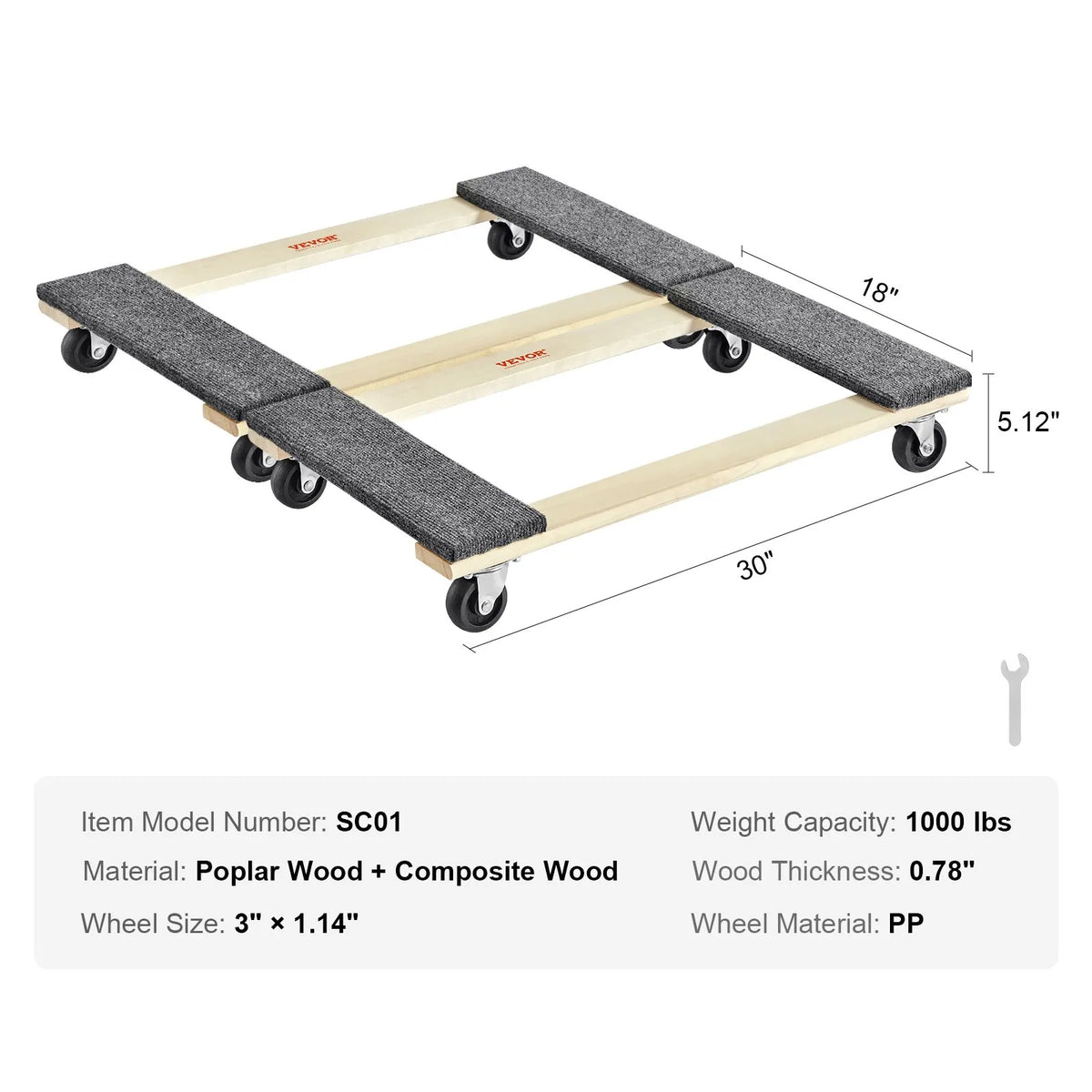 VEVOR mēbeļu pārvietošanas platformu komplekts 2 gab., 454 kg katrai, 457 x 762 mm ar 8 PP grozāmiem riteņiem, koka konstrukcija smagu mēbeļu pārvietošanai - ZEMLETES.LV