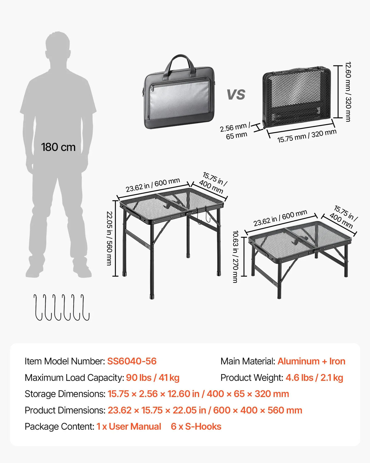 VEVOR saliekamais grila un kempinga galds, 60 × 40 cm, līdz 41 kg, regulējams augstums, alumīnija konstrukcija, metāla sieta virsma, melns