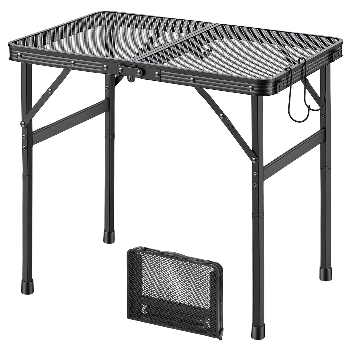VEVOR saliekamais grila un kempinga galds, 60 × 40 cm, līdz 41 kg, regulējams augstums, alumīnija konstrukcija, metāla sieta virsma, melns