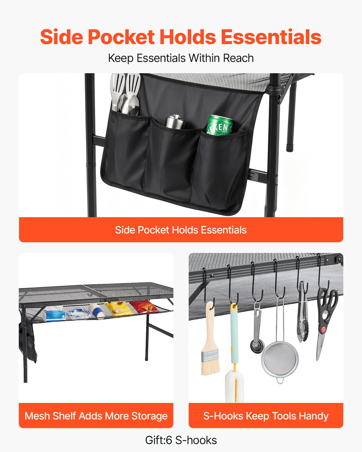 VEVOR saliekams grila un kempinga galds, 120 × 60 cm, kravnesība 55 kg, regulējams augstums, metāla sieta virsma, sānu kabata un pārnēsāšanas rokturis