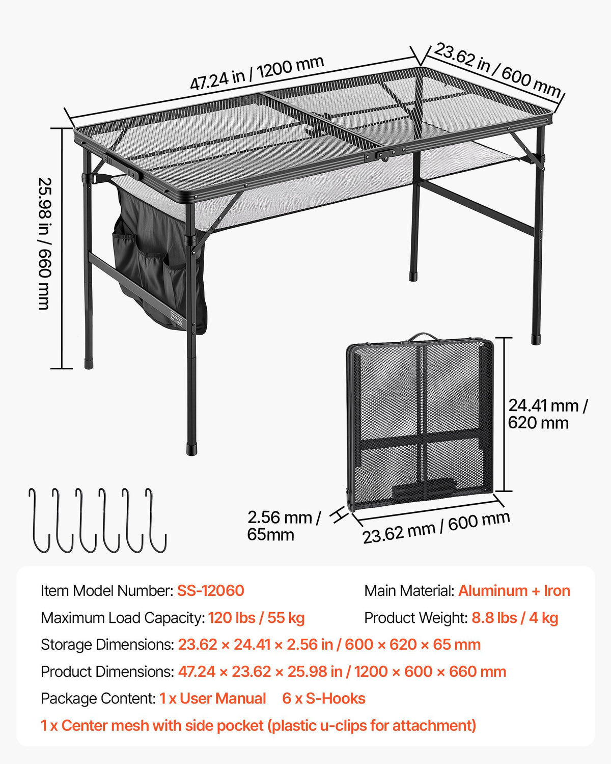 VEVOR saliekams grila un kempinga galds, 120 × 60 cm, kravnesība 55 kg, regulējams augstums, metāla sieta virsma, sānu kabata un pārnēsāšanas rokturis