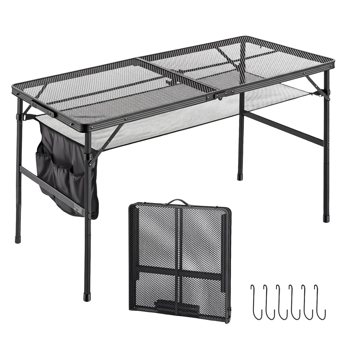 VEVOR saliekams grila un kempinga galds, 120 × 60 cm, kravnesība 55 kg, regulējams augstums, metāla sieta virsma, sānu kabata un pārnēsāšanas rokturis