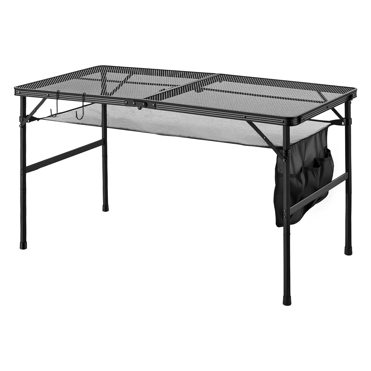 VEVOR saliekams grila un kempinga galds, 120 × 60 cm, kravnesība 55 kg, regulējams augstums, metāla sieta virsma, sānu kabata un pārnēsāšanas rokturis