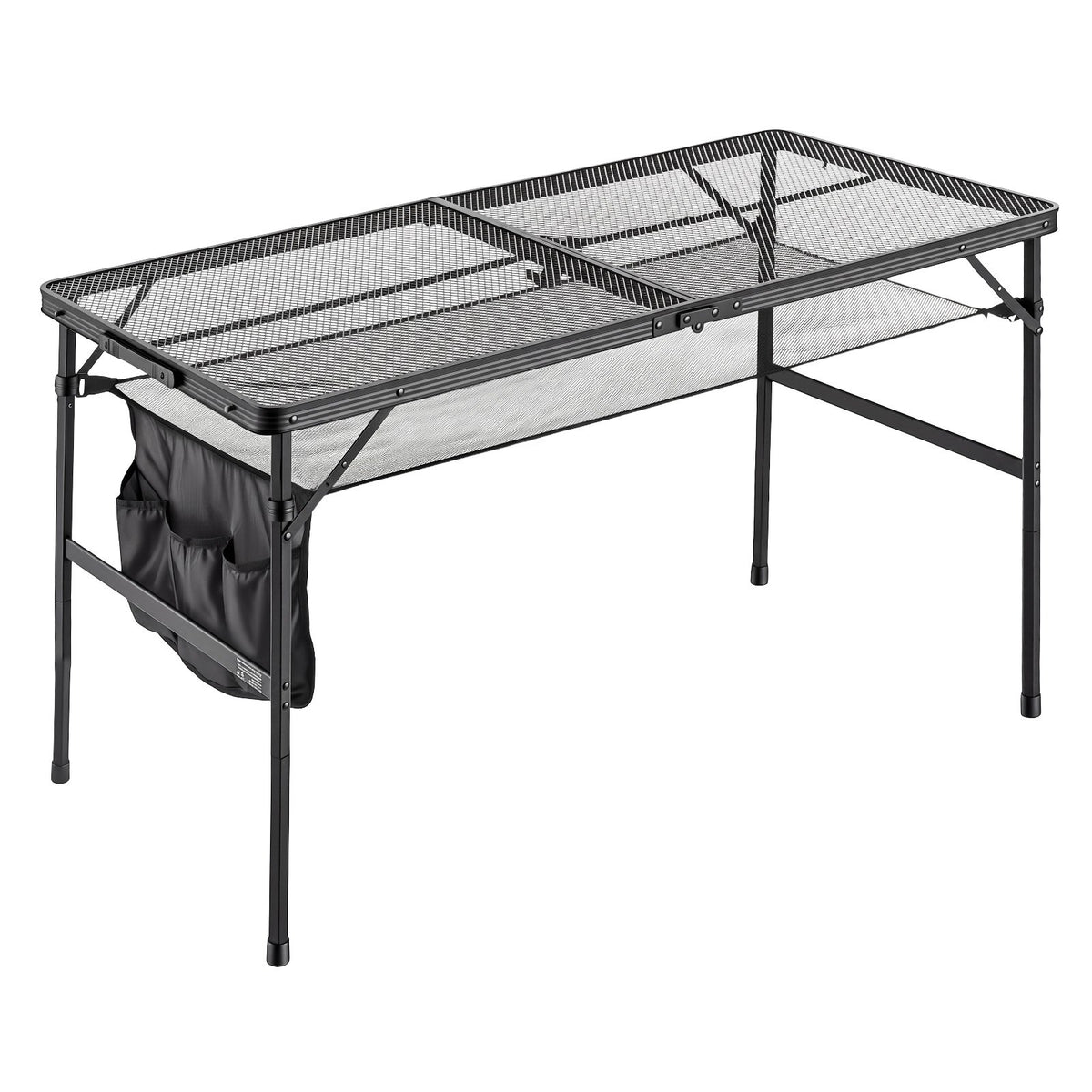 VEVOR saliekams grila un kempinga galds, 120 × 60 cm, kravnesība 55 kg, regulējams augstums, metāla sieta virsma, sānu kabata un pārnēsāšanas rokturis