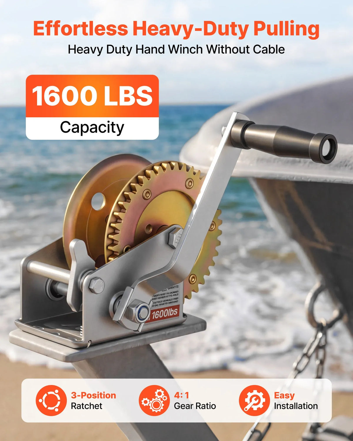 VEVOR Boat Winch, 726 kg Hand Winch, Heavy-Duty Manual Winch with Dual-Direction Ratchet Mechanism, 4:1 Gear Ratio, Non-Slip Handle, Suitable for Boat Trailers and ATV Towing