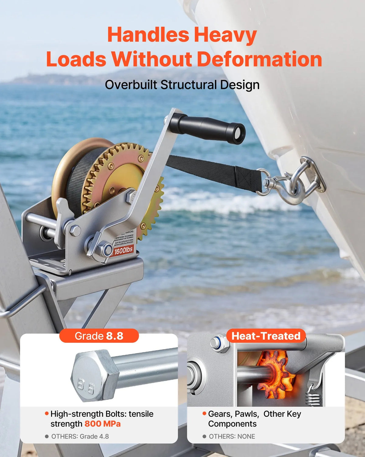 VEVOR Boat Winch, 726 kg Hand Winch, Heavy-Duty Manual Winch with Dual-Direction Ratchet Mechanism, 4:1 Gear Ratio, Non-Slip Handle, Suitable for Boat Trailers and ATV Towing
