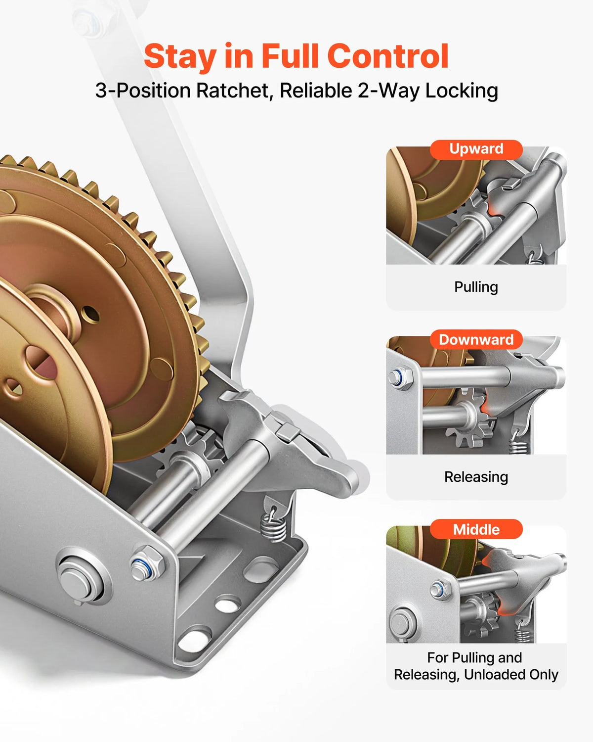 VEVOR Boat Winch, 726 kg Hand Winch, Heavy-Duty Manual Winch with Dual-Direction Ratchet Mechanism, 4:1 Gear Ratio, Non-Slip Handle, Suitable for Boat Trailers and ATV Towing