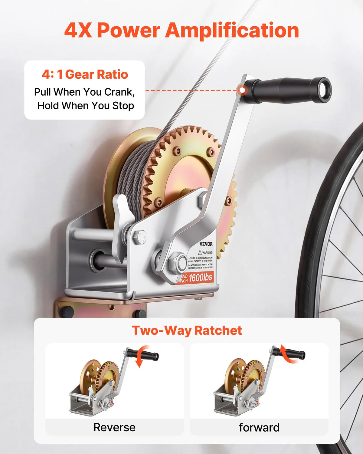 VEVOR Boat Winch, 726 kg Hand Winch, Heavy-Duty Manual Winch with Dual-Direction Ratchet Mechanism, 4:1 Gear Ratio, Non-Slip Handle, Suitable for Boat Trailers and ATV Towing