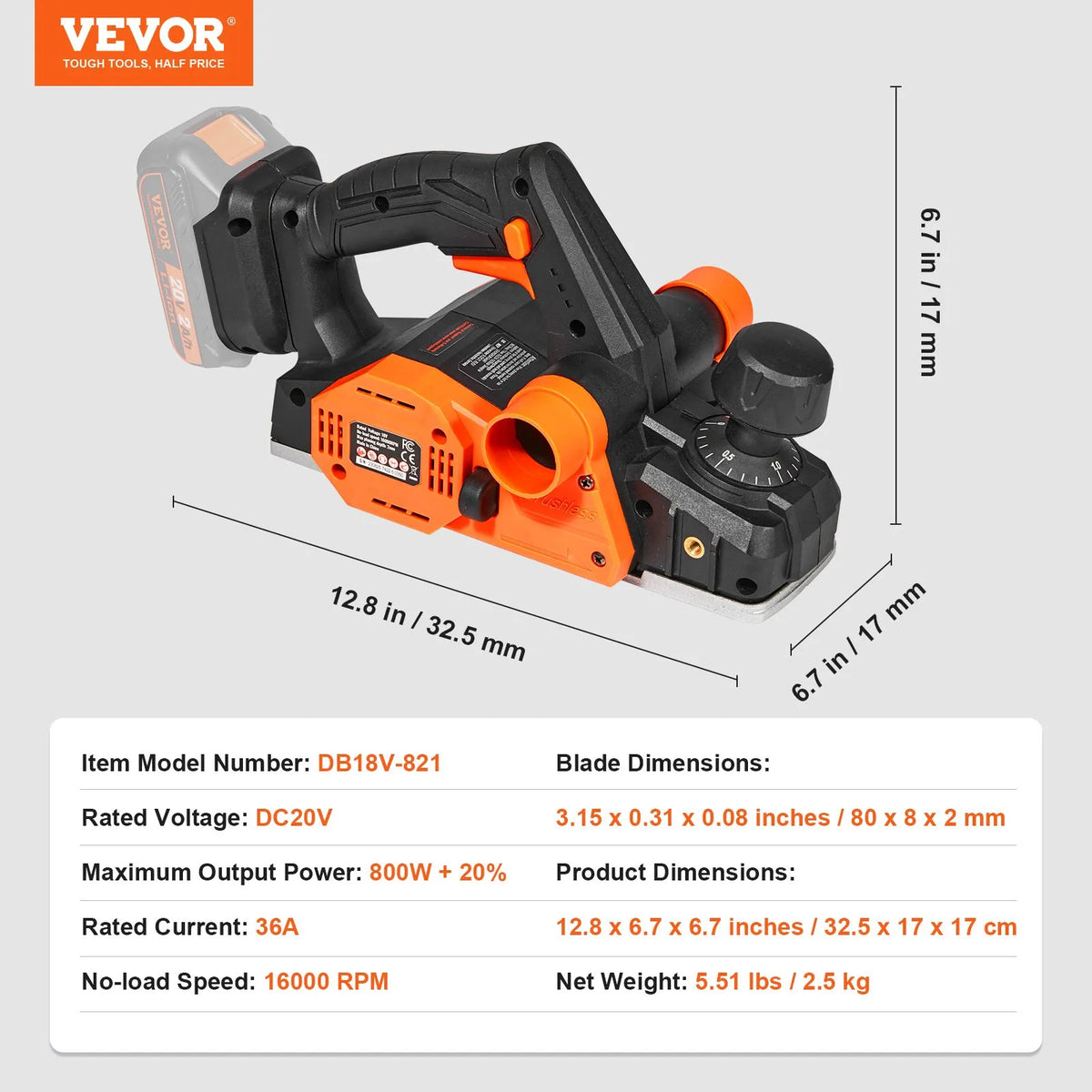 VEVOR bezvadu rokas ēvele 82 mm, 16 500 apgr./min, 2 mm ēvelēšanas dziļums, HSS asmeņi, divpusēja putekļu izvade