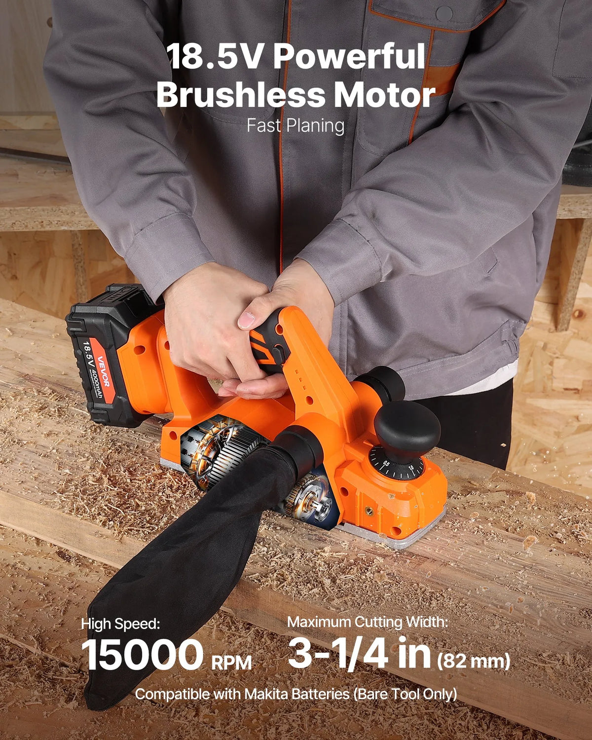 VEVOR Cordless Hand Planer 82 mm, Brushless Motor, 15,000 RPM, VEVOR 18 V System (Without Battery and Charger)