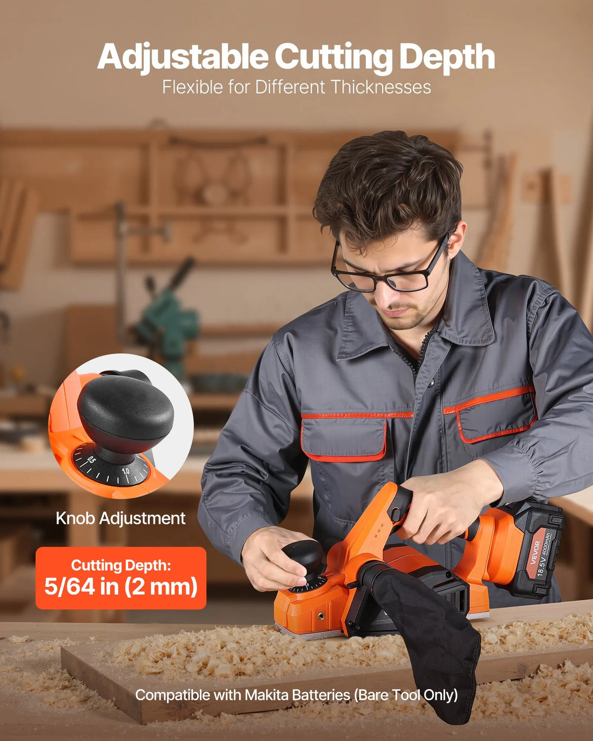 VEVOR Cordless Hand Planer 82 mm, Brushless Motor, 15,000 RPM, VEVOR 18 V System (Without Battery and Charger)