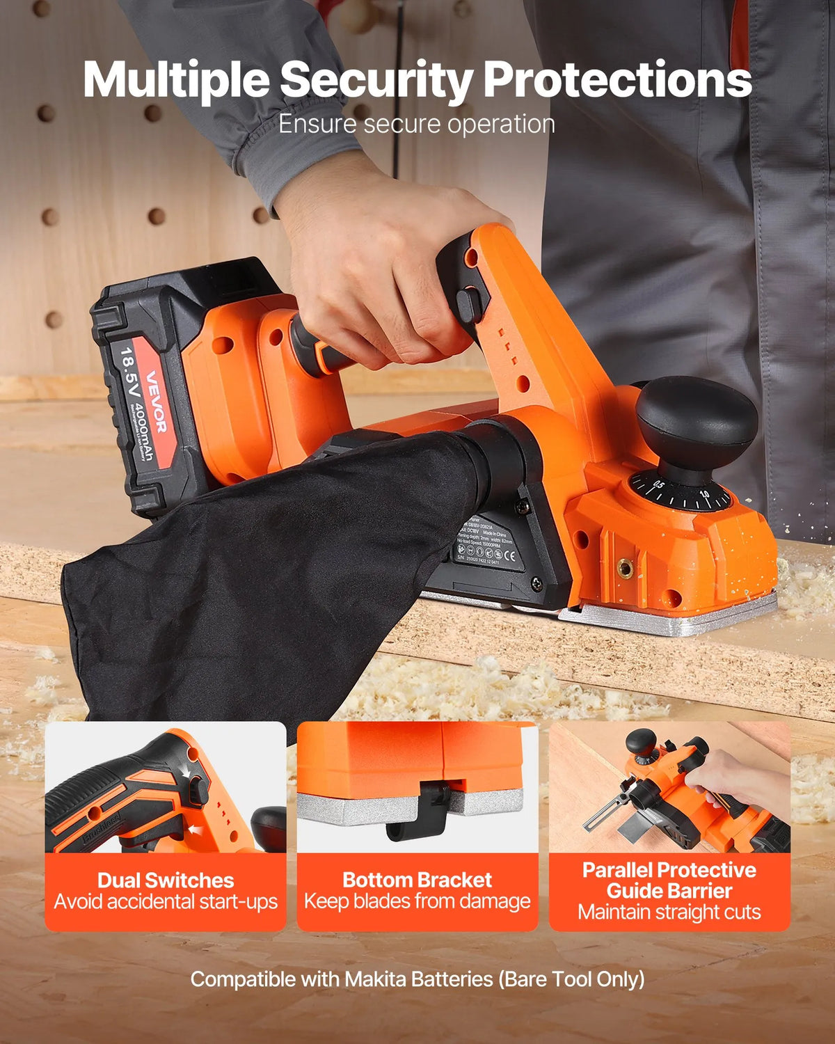 VEVOR Cordless Hand Planer 82 mm, Brushless Motor, 15,000 RPM, VEVOR 18 V System (Without Battery and Charger)