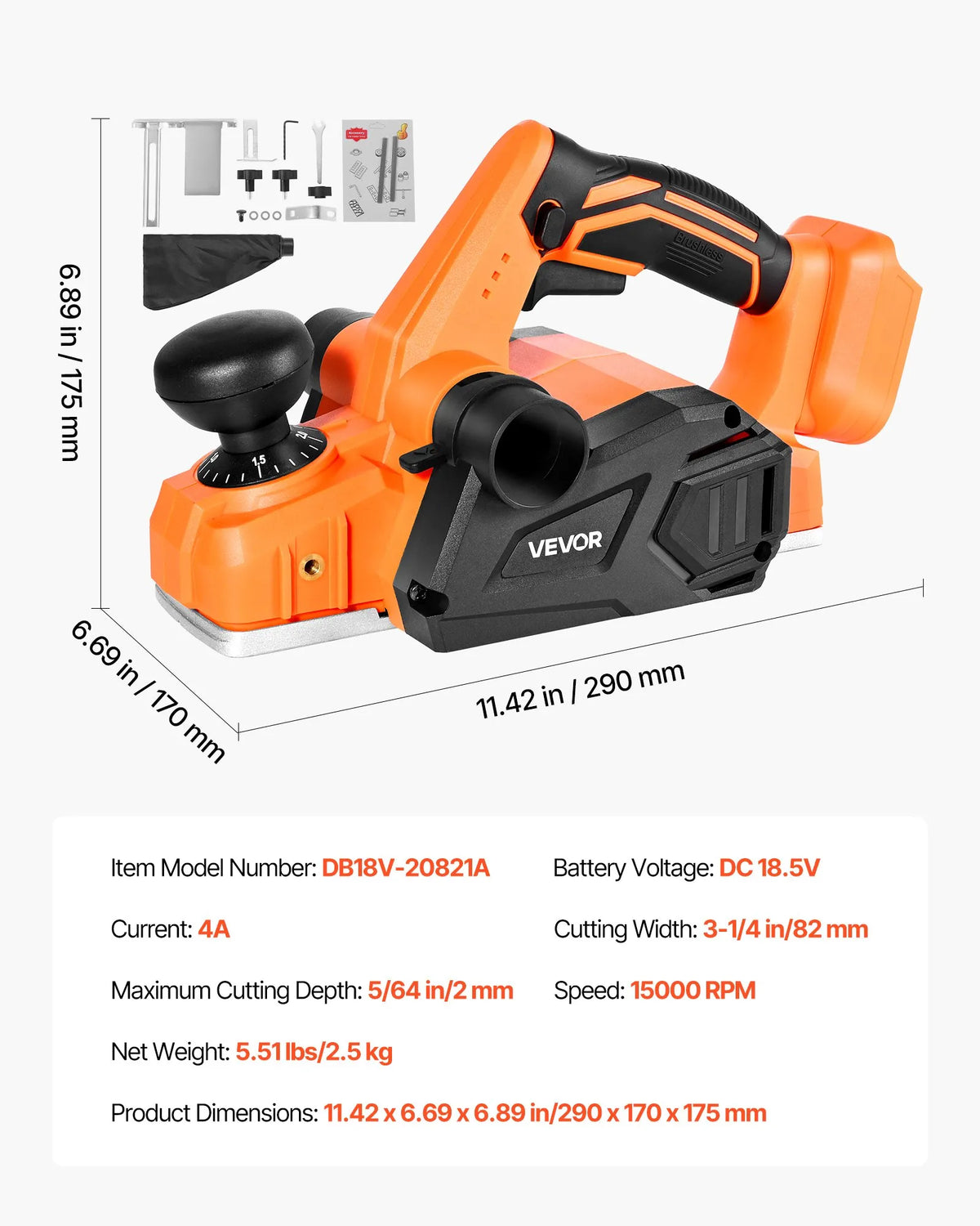 VEVOR Cordless Hand Planer 82 mm, Brushless Motor, 15,000 RPM, VEVOR 18 V System (Without Battery and Charger)