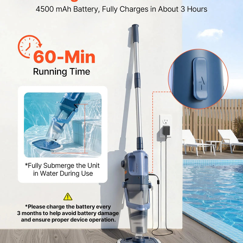VEVOR rokas baseina putekļsūcējs, bezvadu SPA un burbuļvannas tīrītājs ar 100 L/min sūkšanas jaudu, pagarināmo kātu un līdz 60 minūšu darbības laiku, jaudīga sūkšana lapu un gružu savākšanai, uzlādējams baseina tīrītājs virszemes baseiniem