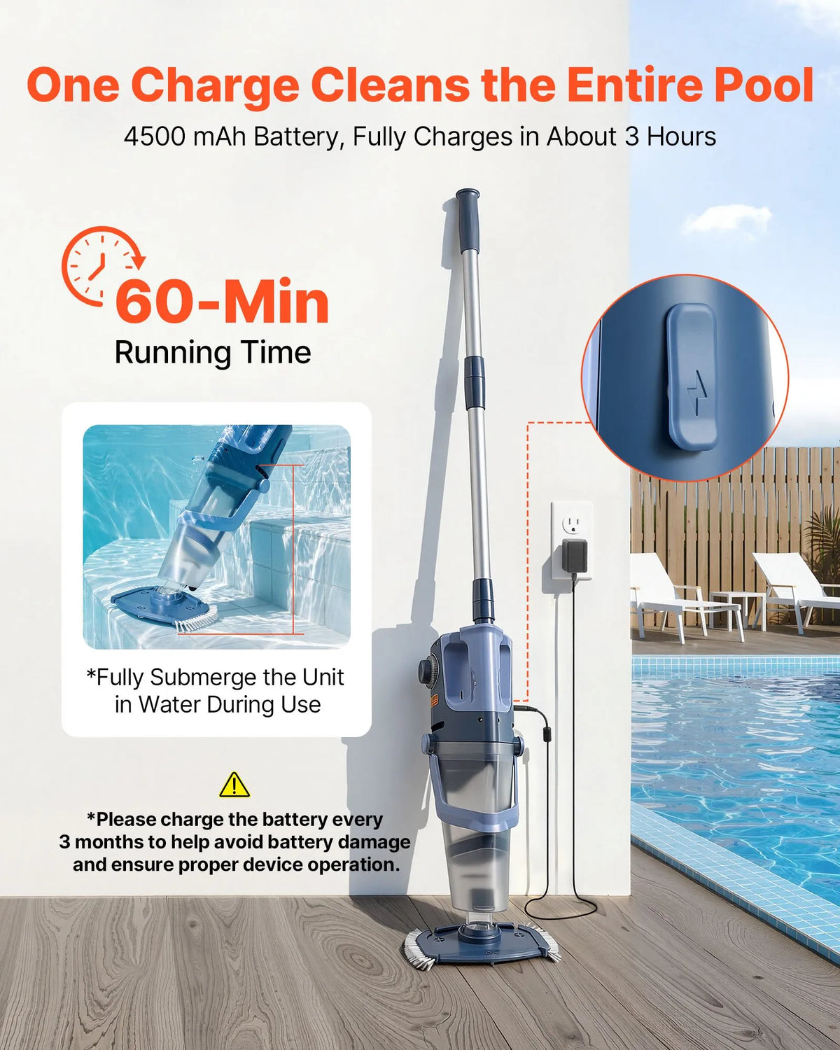 VEVOR rokas baseina putekļsūcējs, bezvadu SPA un burbuļvannas tīrītājs ar 100 L/min sūkšanas jaudu, pagarināmo kātu un līdz 60 minūšu darbības laiku, jaudīga sūkšana lapu un gružu savākšanai, uzlādējams baseina tīrītājs virszemes baseiniem