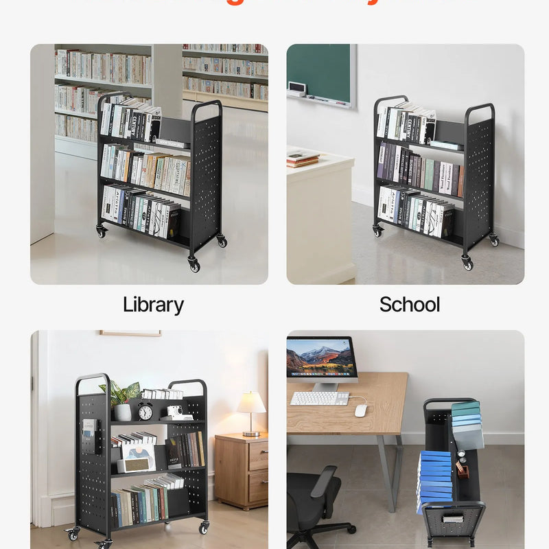 VEVOR Bibliotēkas grāmatu ratiņi uz riteņiem, kravnesība 150 kg, 97 x 51,5 x 122,5 cm, divpusēji W veida plaukti, 76,2 mm bloķējami riteņi, melni - ZEMLETES.LV