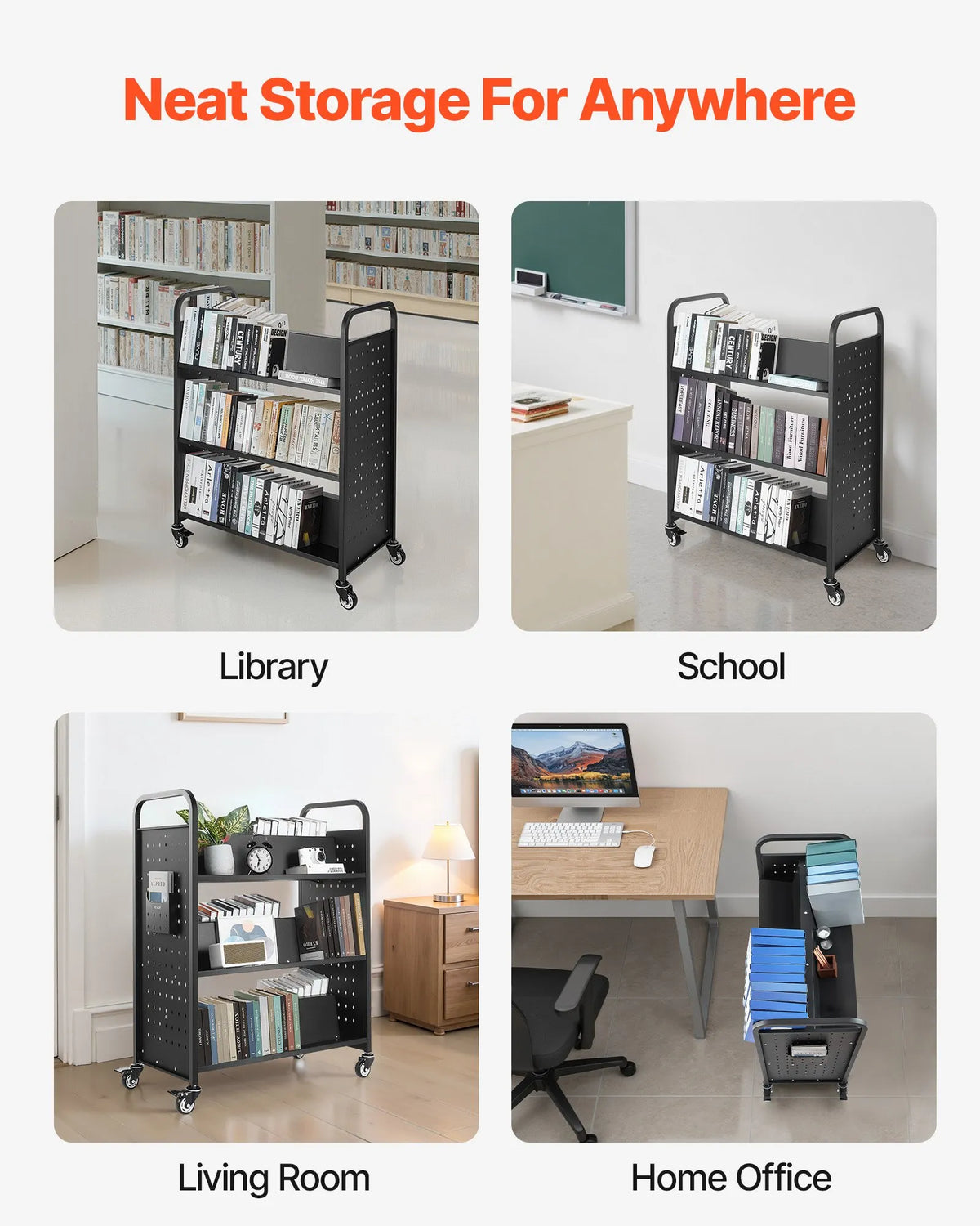 VEVOR Bibliotēkas grāmatu ratiņi uz riteņiem, kravnesība 150 kg, 97 x 51,5 x 122,5 cm, divpusēji W veida plaukti, 76,2 mm bloķējami riteņi, melni - ZEMLETES.LV