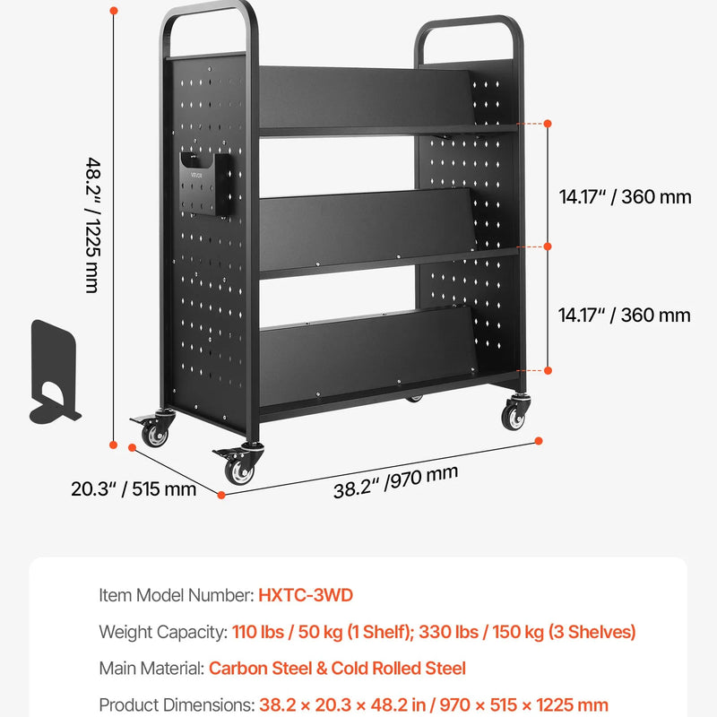 VEVOR Bibliotēkas grāmatu ratiņi uz riteņiem, kravnesība 150 kg, 97 x 51,5 x 122,5 cm, divpusēji W veida plaukti, 76,2 mm bloķējami riteņi, melni - ZEMLETES.LV