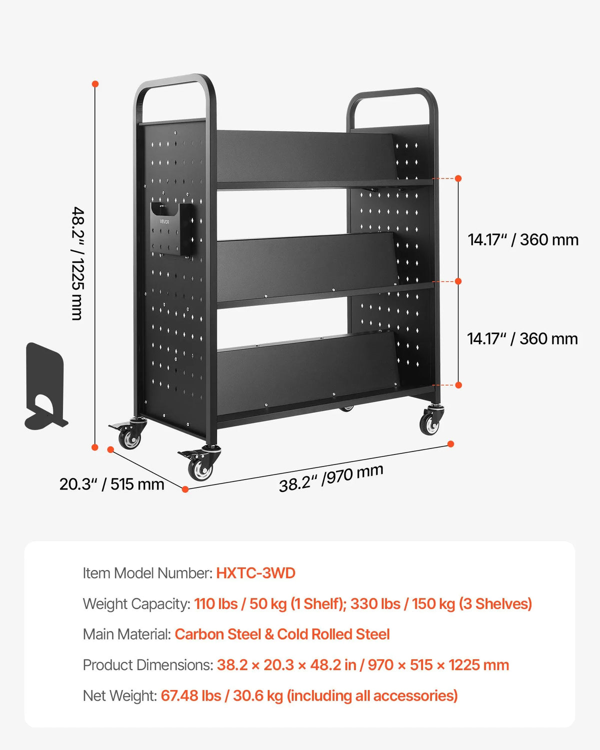 VEVOR Bibliotēkas grāmatu ratiņi uz riteņiem, kravnesība 150 kg, 97 x 51,5 x 122,5 cm, divpusēji W veida plaukti, 76,2 mm bloķējami riteņi, melni - ZEMLETES.LV