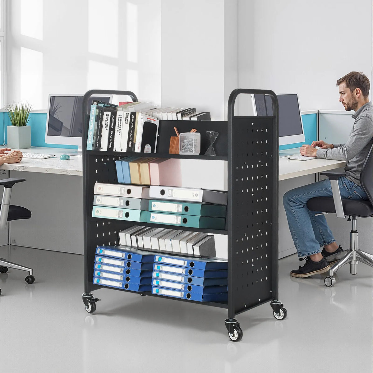 VEVOR Bibliotēkas grāmatu ratiņi uz riteņiem, kravnesība 150 kg, 97 x 51,5 x 122,5 cm, divpusēji W veida plaukti, 76,2 mm bloķējami riteņi, melni - ZEMLETES.LV