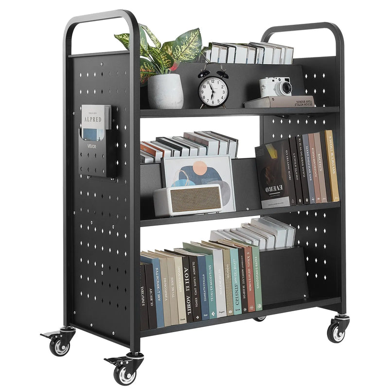 VEVOR Bibliotēkas grāmatu ratiņi uz riteņiem, kravnesība 150 kg, 97 x 51,5 x 122,5 cm, divpusēji W veida plaukti, 76,2 mm bloķējami riteņi, melni - ZEMLETES.LV