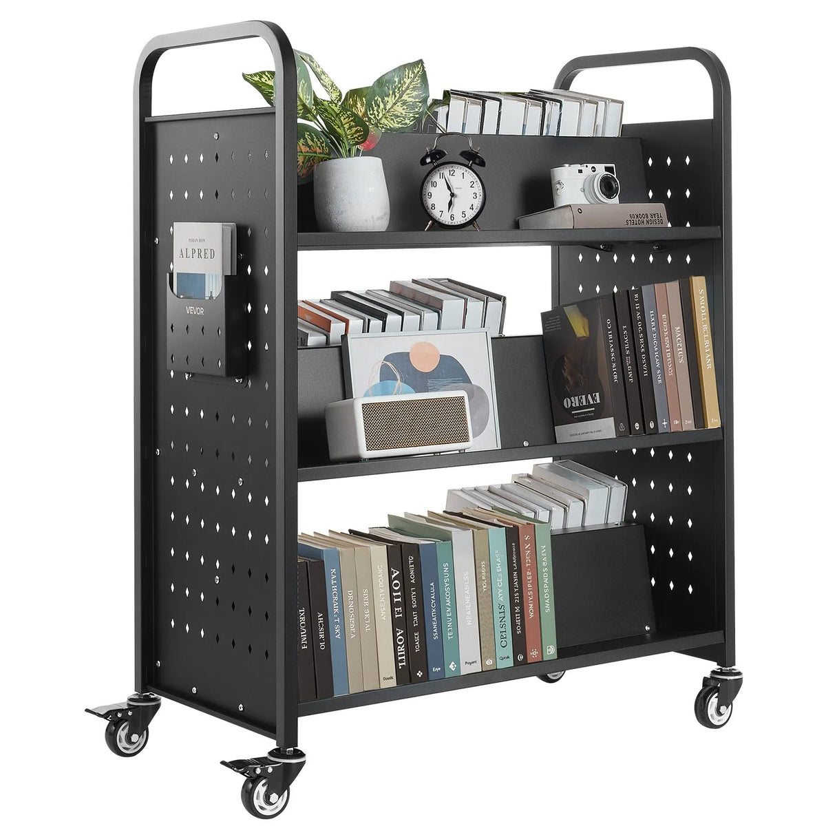 VEVOR Bibliotēkas grāmatu ratiņi uz riteņiem, kravnesība 150 kg, 97 x 51,5 x 122,5 cm, divpusēji W veida plaukti, 76,2 mm bloķējami riteņi, melni - ZEMLETES.LV
