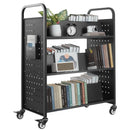 VEVOR Bibliotēkas grāmatu ratiņi uz riteņiem, kravnesība 150 kg, 97 x 51,5 x 122,5 cm, divpusēji W veida plaukti, 76,2 mm bloķējami riteņi, melni - ZEMLETES.LV