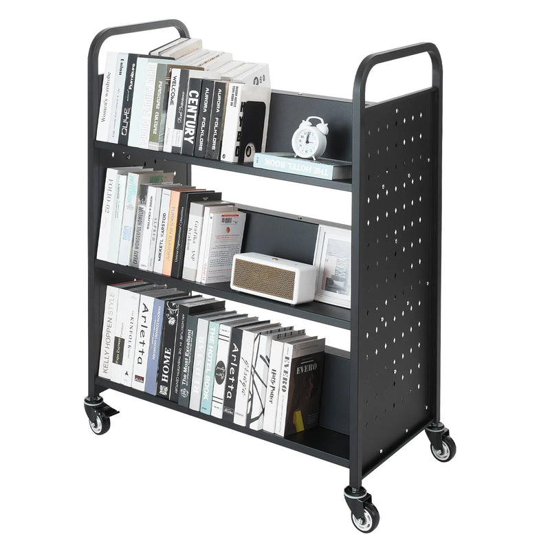 VEVOR Bibliotēkas grāmatu ratiņi uz riteņiem, kravnesība 150 kg, 97 x 51,5 x 122,5 cm, divpusēji W veida plaukti, 76,2 mm bloķējami riteņi, melni - ZEMLETES.LV