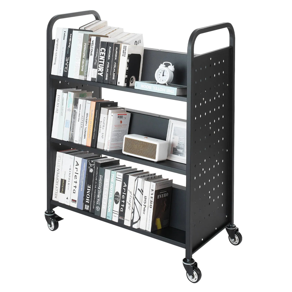VEVOR Bibliotēkas grāmatu ratiņi uz riteņiem, kravnesība 150 kg, 97 x 51,5 x 122,5 cm, divpusēji W veida plaukti, 76,2 mm bloķējami riteņi, melni - ZEMLETES.LV