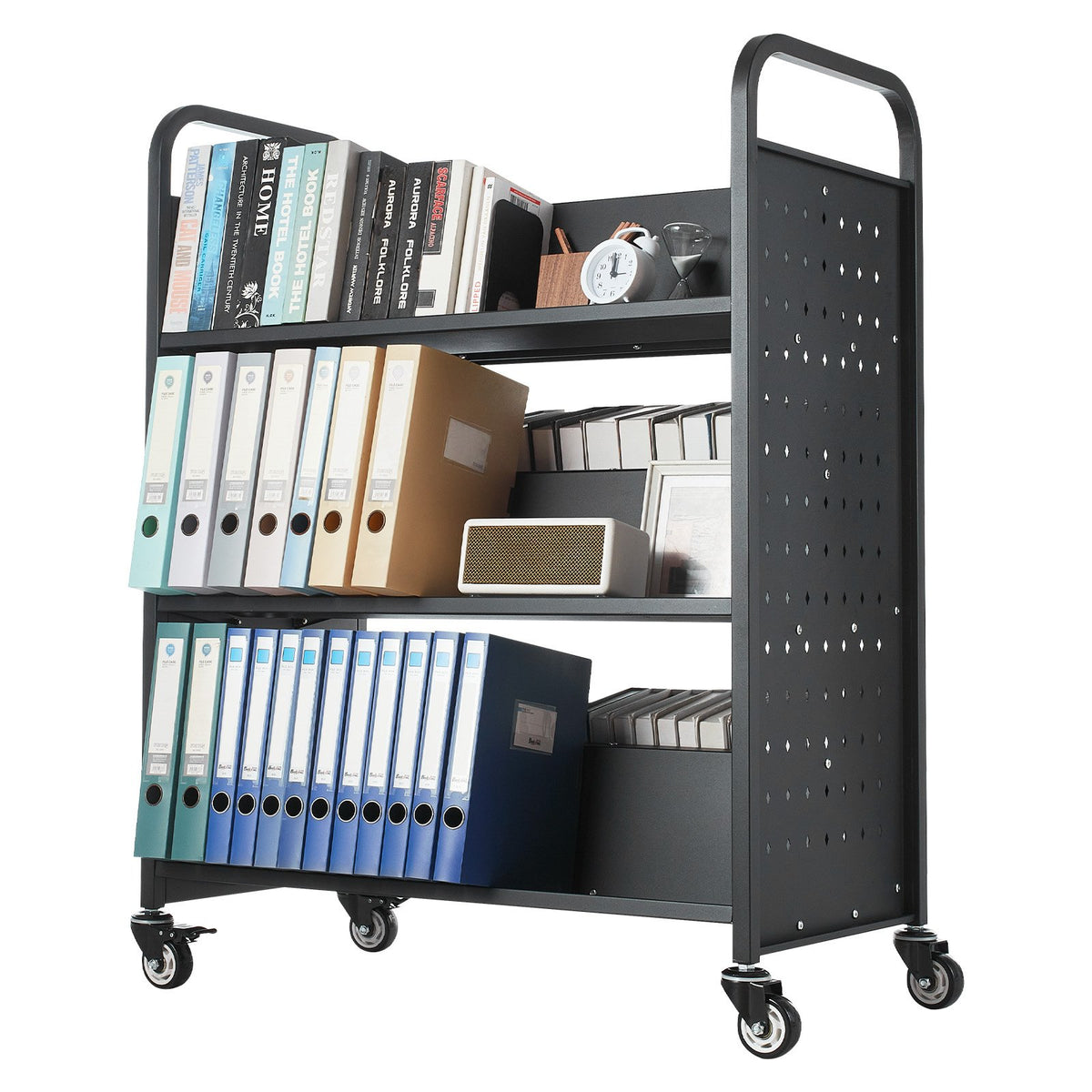 VEVOR Bibliotēkas grāmatu ratiņi uz riteņiem, kravnesība 150 kg, 97 x 51,5 x 122,5 cm, divpusēji W veida plaukti, 76,2 mm bloķējami riteņi, melni - ZEMLETES.LV